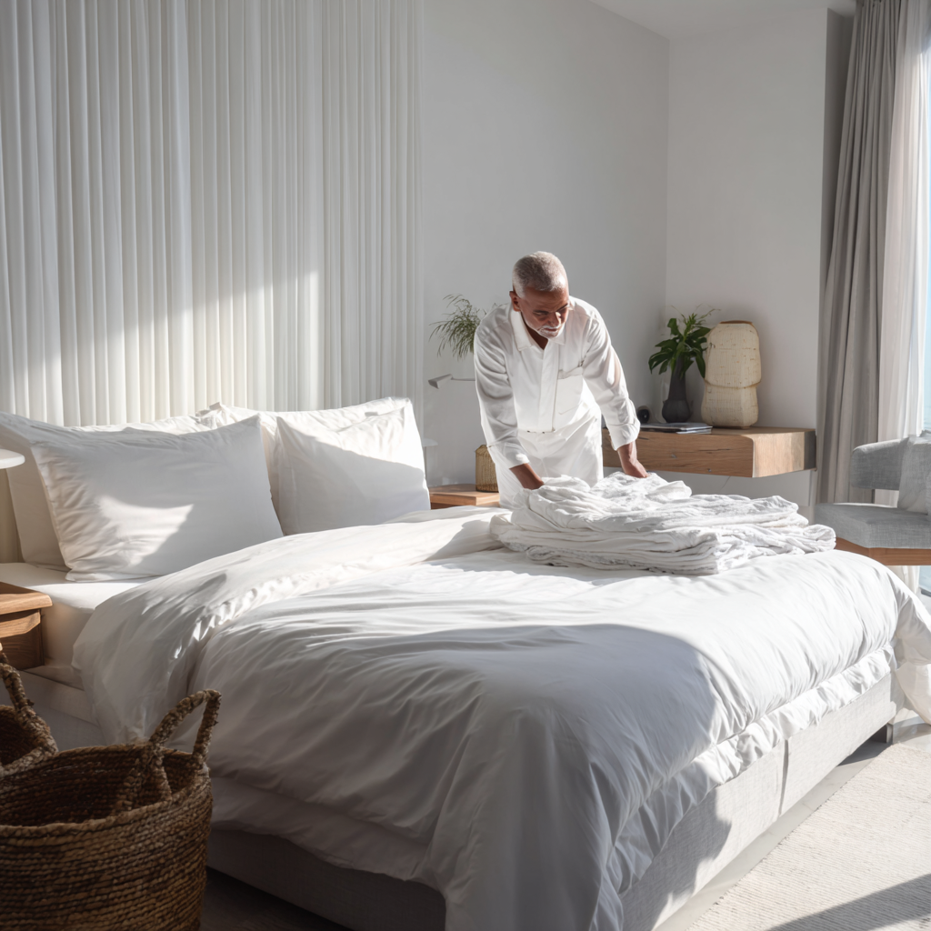 Čišćenje apartmana Istra- čovjek iz servisa slaže posteljinu